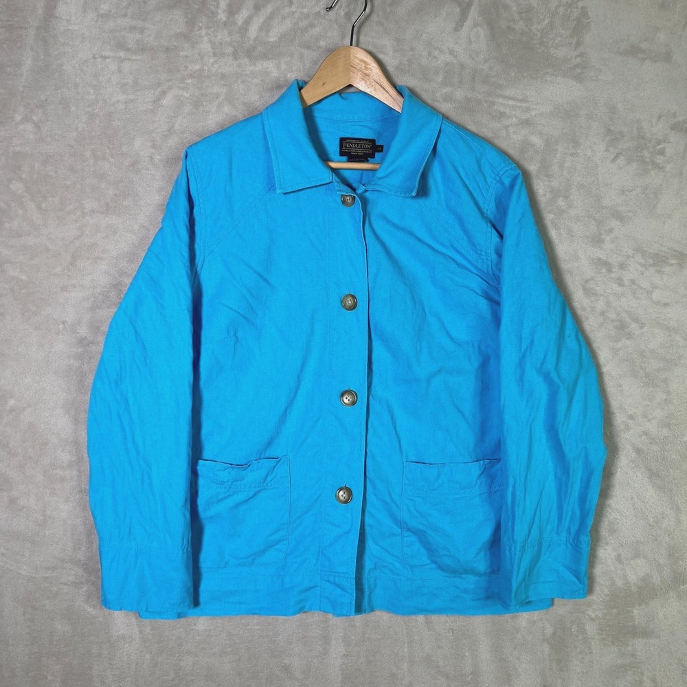 Pendleton Women 1X Turquoise Blue Linen Cotton Button Front Chore Jacket Pockets
